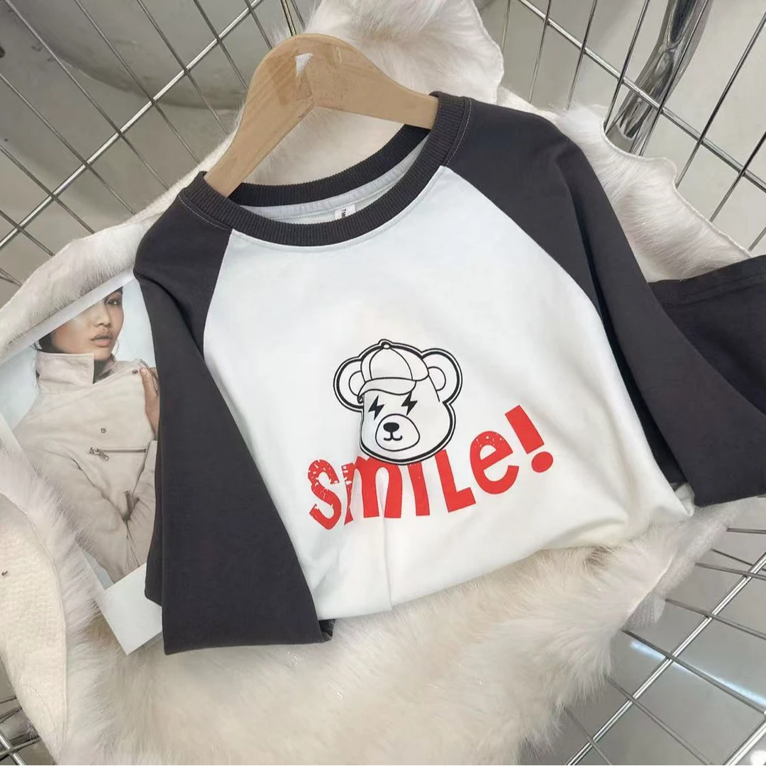 QM 2025春季儿童洋气新品插肩袖拼色T恤  310004