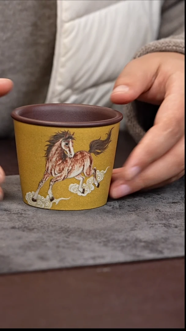 茶杯紫砂双色粉浆 泥绘马 洋桶杯