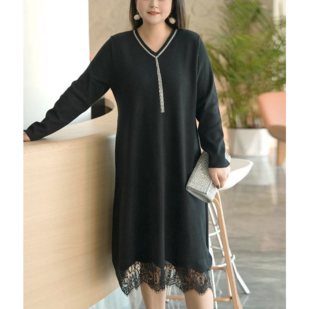 MsShe大码女装春装优雅气质珠链V领拼接花边毛衣连衣裙D~B2411016