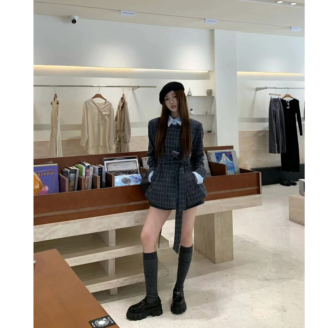 70不是七十【布朗尼学院】秋季格纹休闲短裤拼色翻领宽松长袖套装