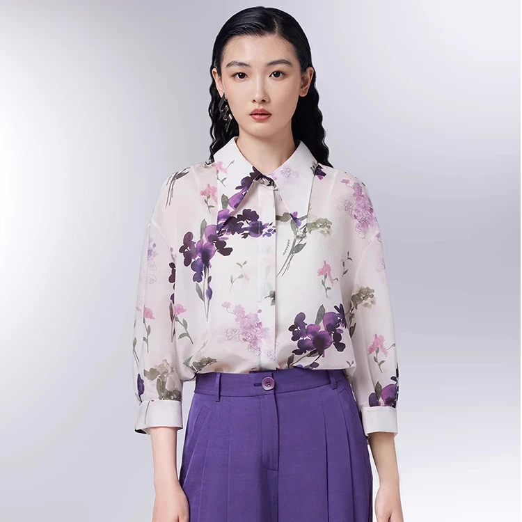 【晨粉专享价】墨蒂珂2025新款宽松尖领七分袖印花醋纤衬衫MIX50208