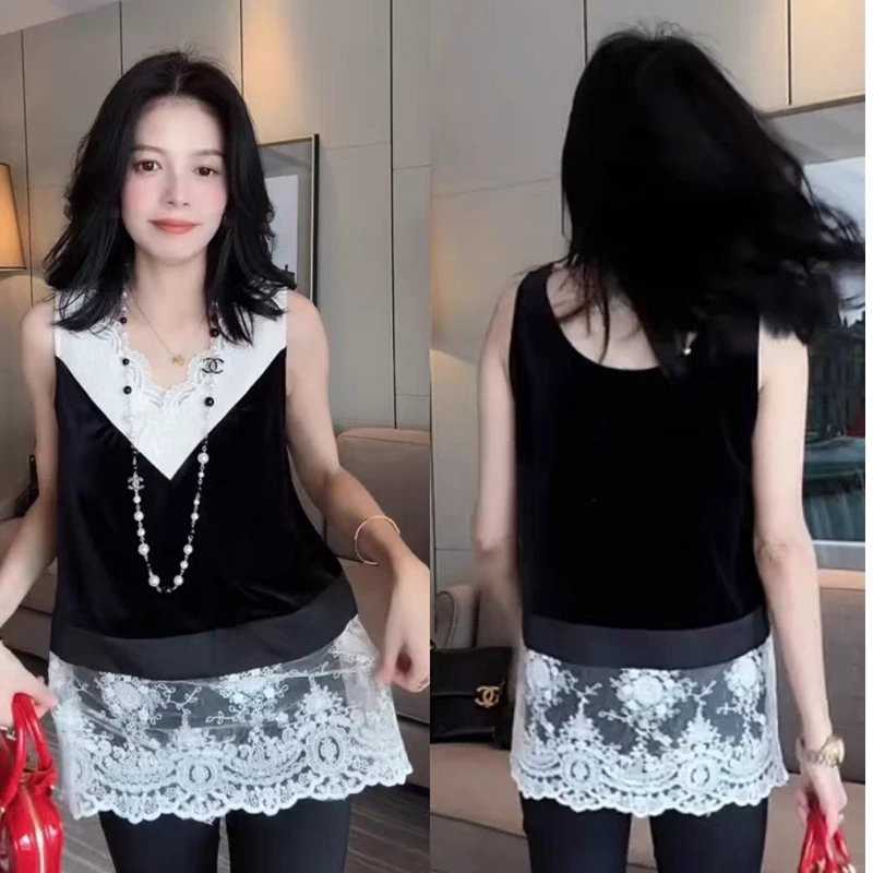 高端网红时尚背心T恤女2025夏季新款蕾丝拼接高贵优雅V领无袖上衣