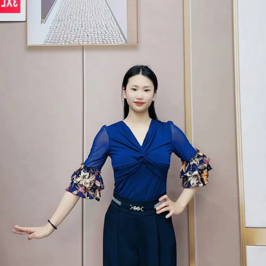 欢舞阁摩登舞吉特巴A0710时尚气质百搭女v领交际广场舞拼袖花舞衣