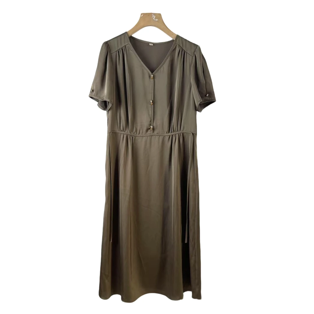 【W689红灰绿】休闲时尚百搭洋气2025夏季新款短袖中长款连衣裙