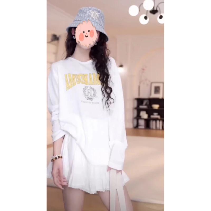 洋气衣服女夏季百搭字母长袖防晒上衣T恤花边蛋糕短裙气质套装女