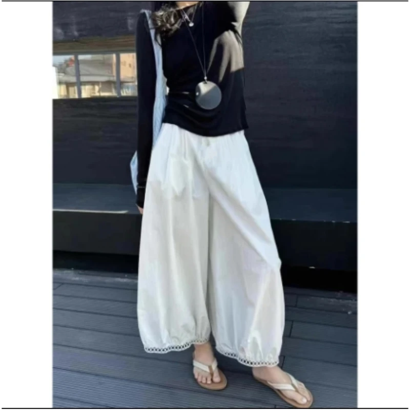 夏季九分休闲裤口袋白色阔腿裤女镂空蕾丝花边灯笼裤高腰纯色裤子