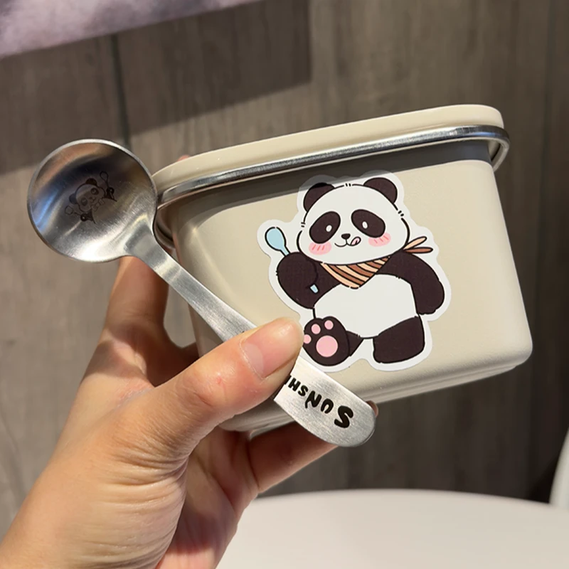 超萌304不锈钢宝宝辅食盒可爱便当盒带勺酸奶雪糕盒小容量甜品ins