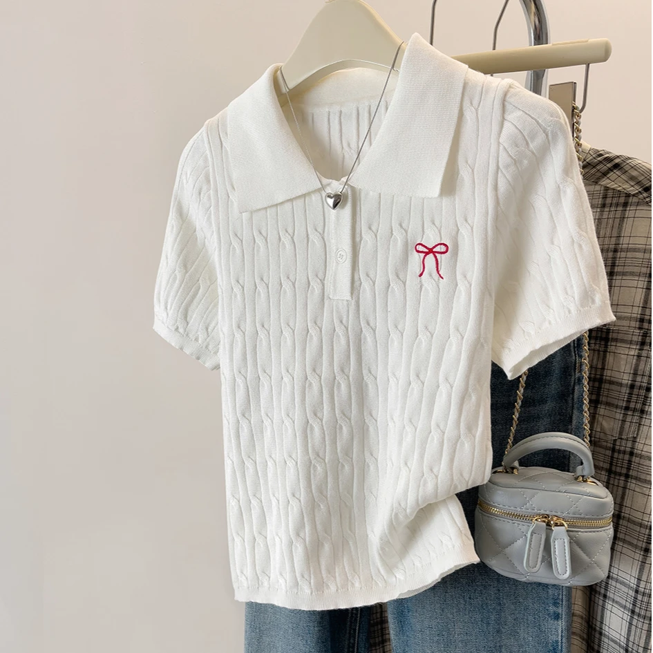 【80-200斤】Polo领麻花冰丝短袖T恤女夏季宽松显瘦刺绣薄款上衣服
