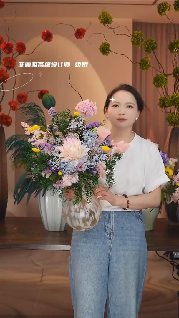 琉璃手工艺品花瓶+花束一套