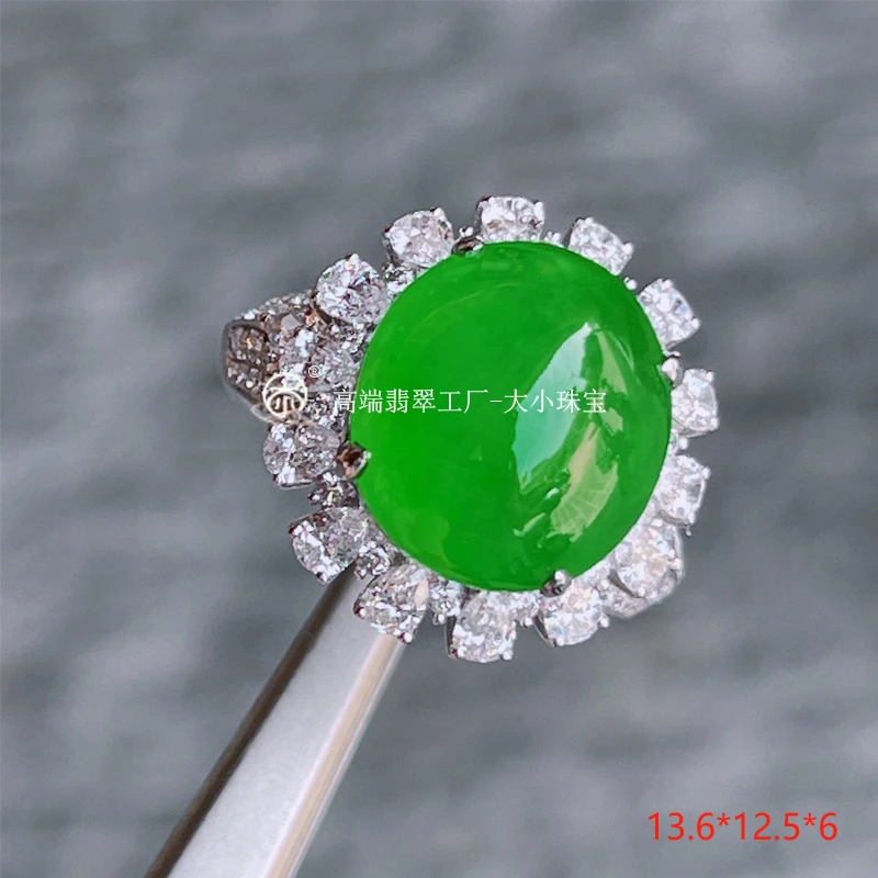 大小珠宝冰种满色阳绿天然翡翠蛋面女戒送礼冰阳翠色翡翠蛋面戒指