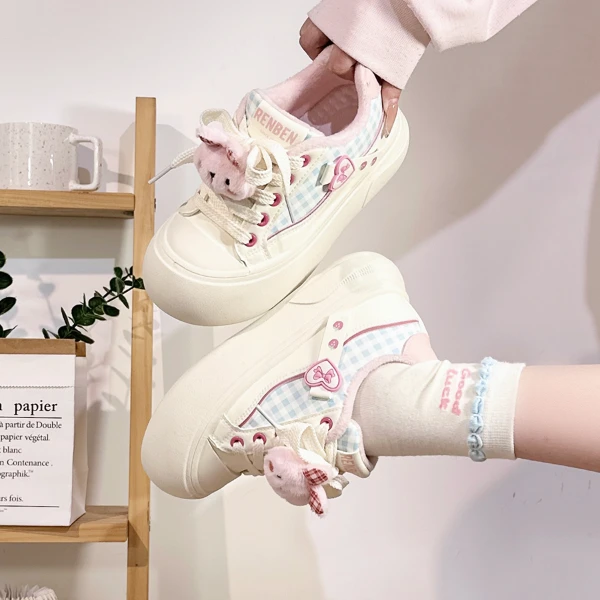 人本加绒鞋子女2025秋冬爆款面包鞋女小猫设计感百搭可爱小众板鞋