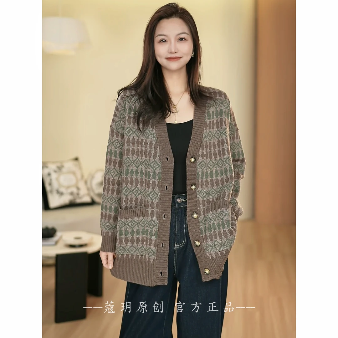 蔻玥COAUE【费尔岛】专柜订单进口澳洲绵羊毛 复古显瘦撞色针织外套