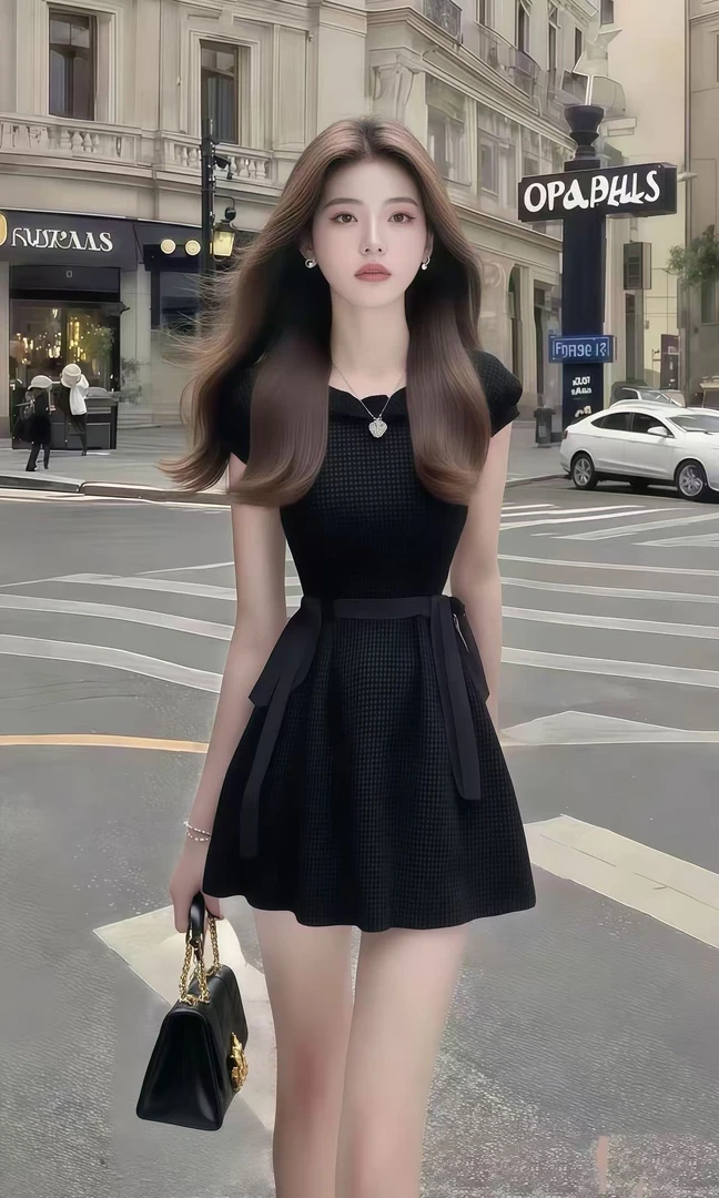 2025夏季新款黑色格子圆领收腰短袖连衣裙女小众时尚气质显瘦女装