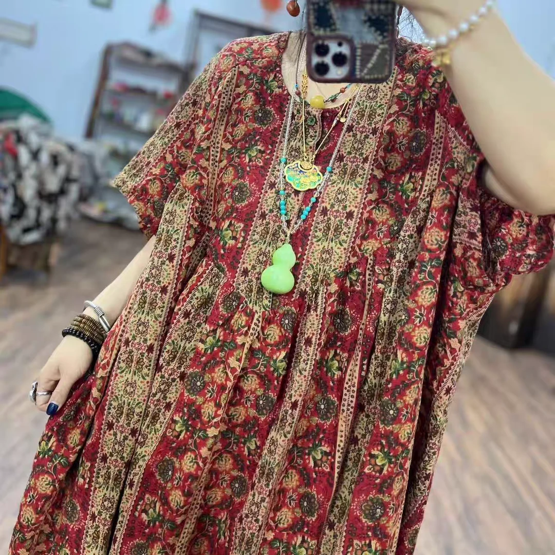 夏季新款经典复古民族风棉麻圆领印花长款连衣裙