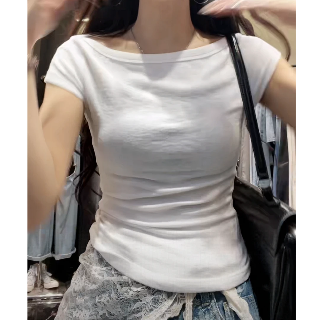 弹力超柔修身设计感白色短袖T恤女夏季2025新款时尚百搭圆领上衣