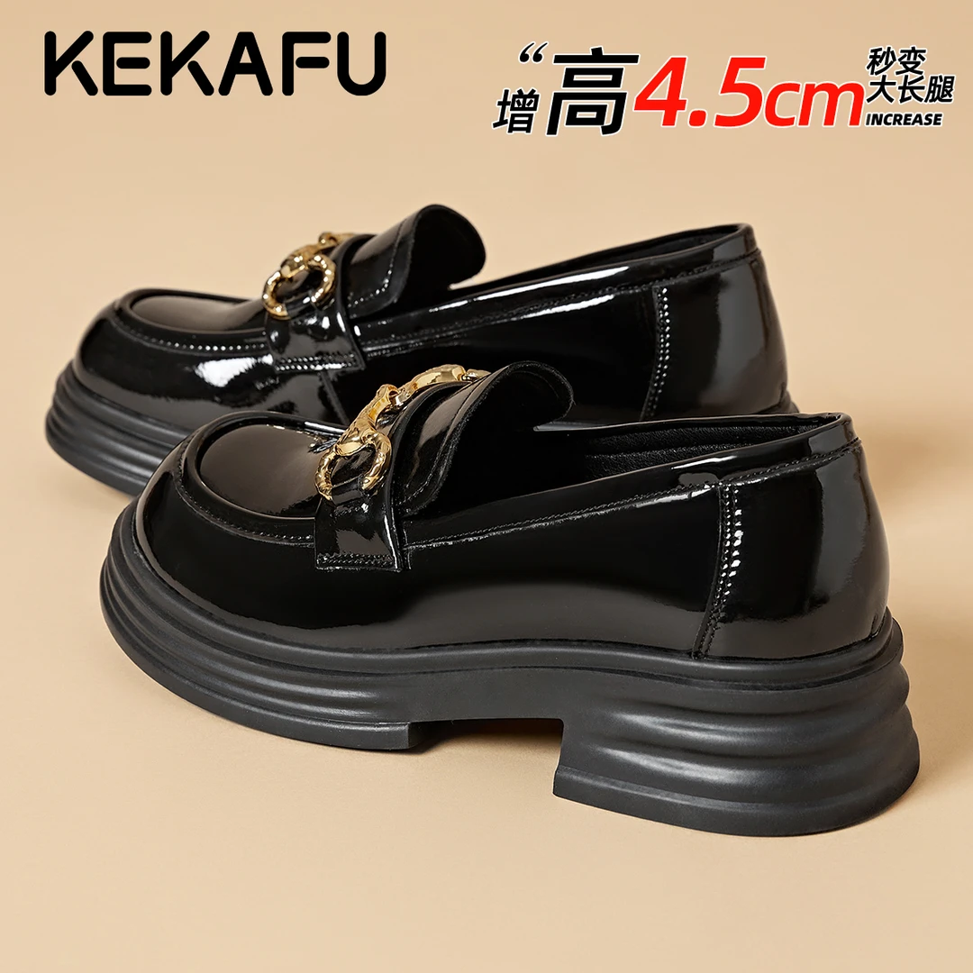 珂卡芙真皮黑色厚底乐福鞋2025新款配裙子增高英伦小皮鞋平底单鞋