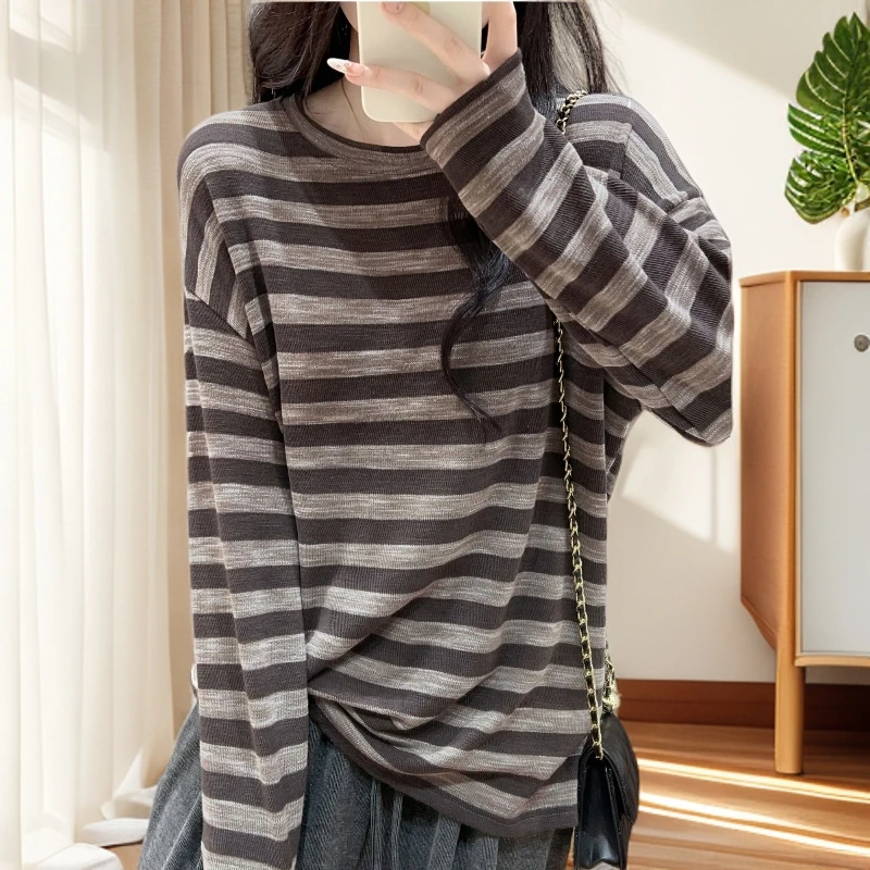 复古韩系圆领撞色条纹长袖T恤女款秋季宽松显瘦内搭弹力上衣小众