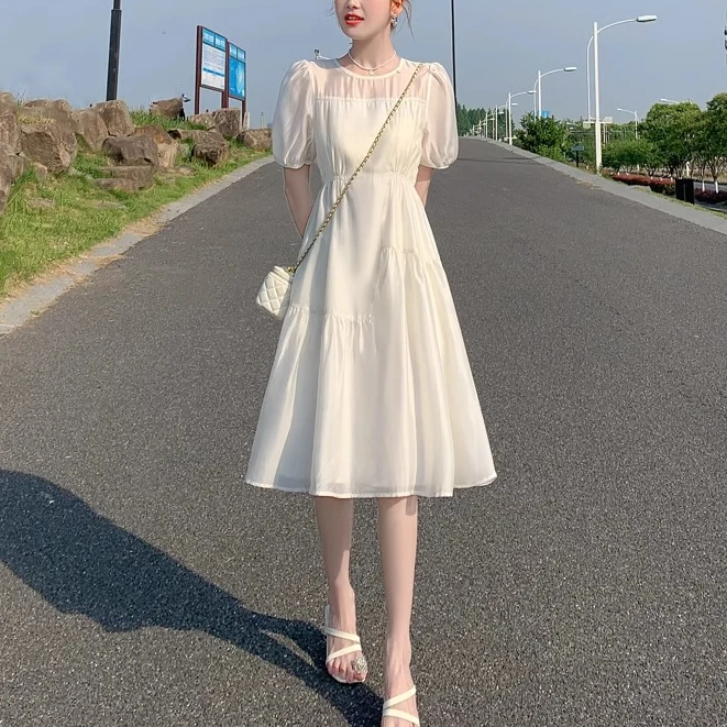 法式天丝泡泡袖连衣裙女夏季新款收腰显瘦品牌同款气质仙女长裙子