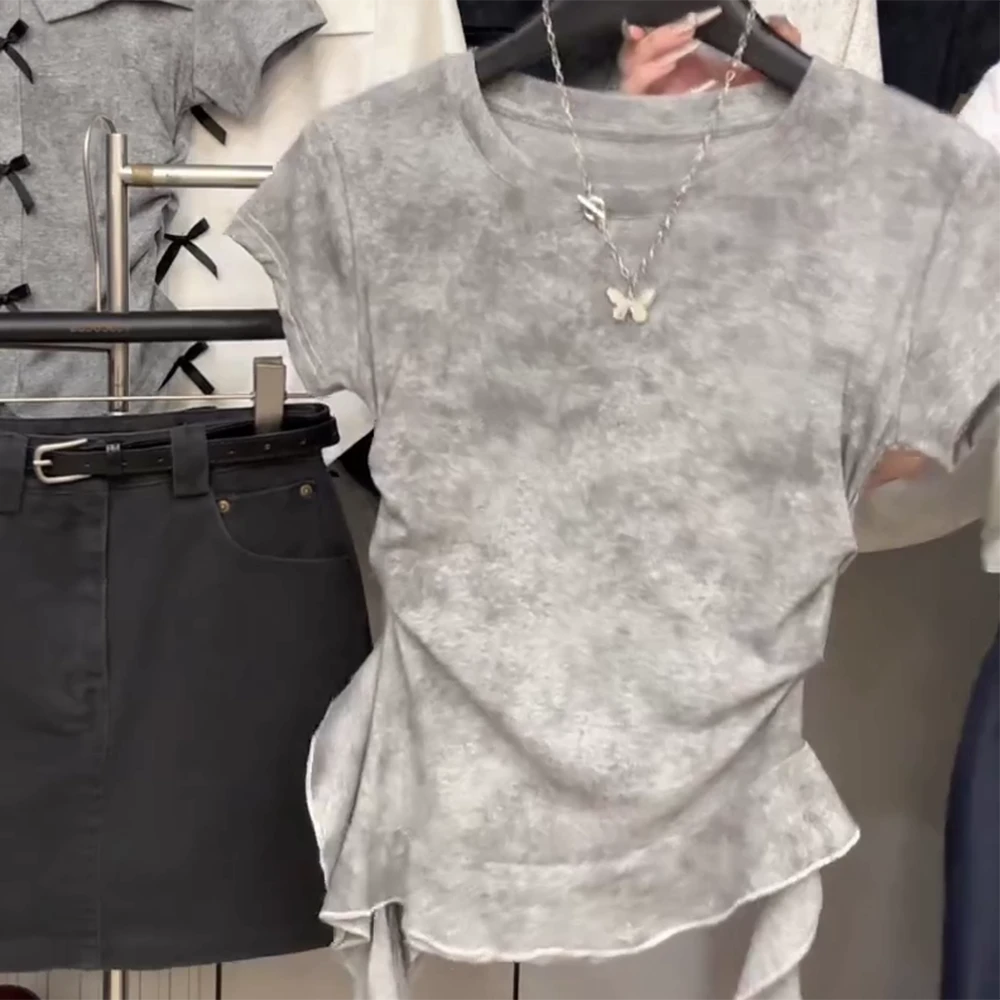 美式辣妹短袖t恤女夏2025新款圆领修身显瘦小衫不规则洋气上衣