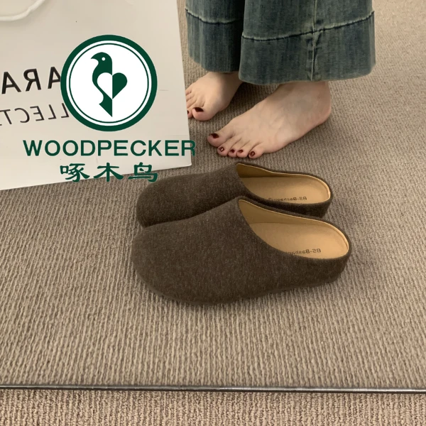 啄木鸟复古百搭晚晚风厚底包头半拖鞋女外穿懒人穆勒鞋毛毡勃肯鞋