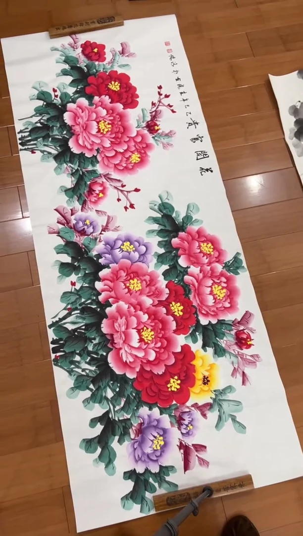 国画【直播福利，纯手工手绘】李春凤牡丹横幅180*68