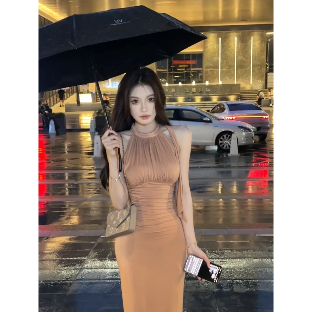 Crainfull【朱颜】法式气质开叉挂脖长裙带胸垫飘带氛围连衣裙