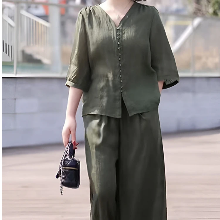 2025套装女夏季短袖新款大码休闲宽松裤子套装女纽扣韩版宽松