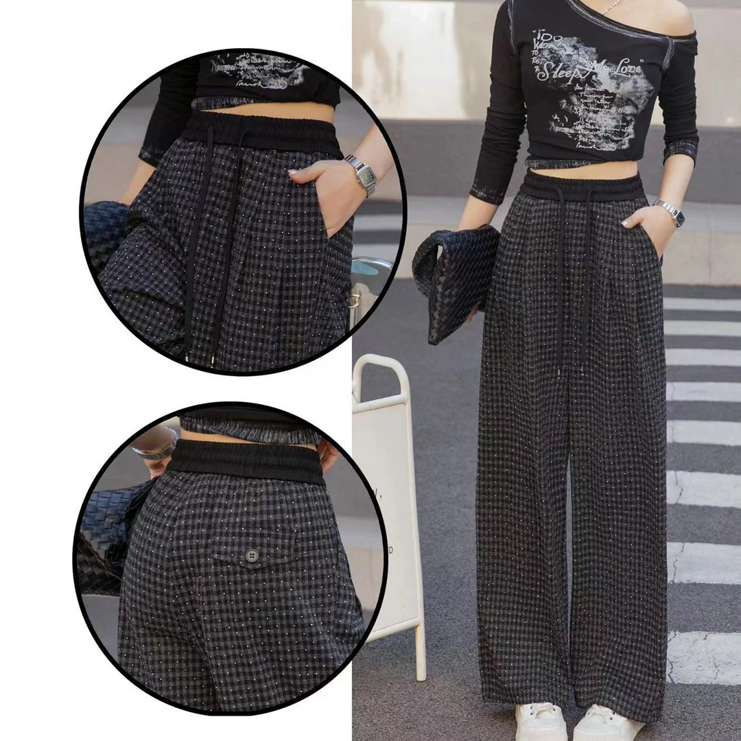 抽绳复古格子新款时尚高腰宽松显瘦亮钻闪闪阔腿裤8605