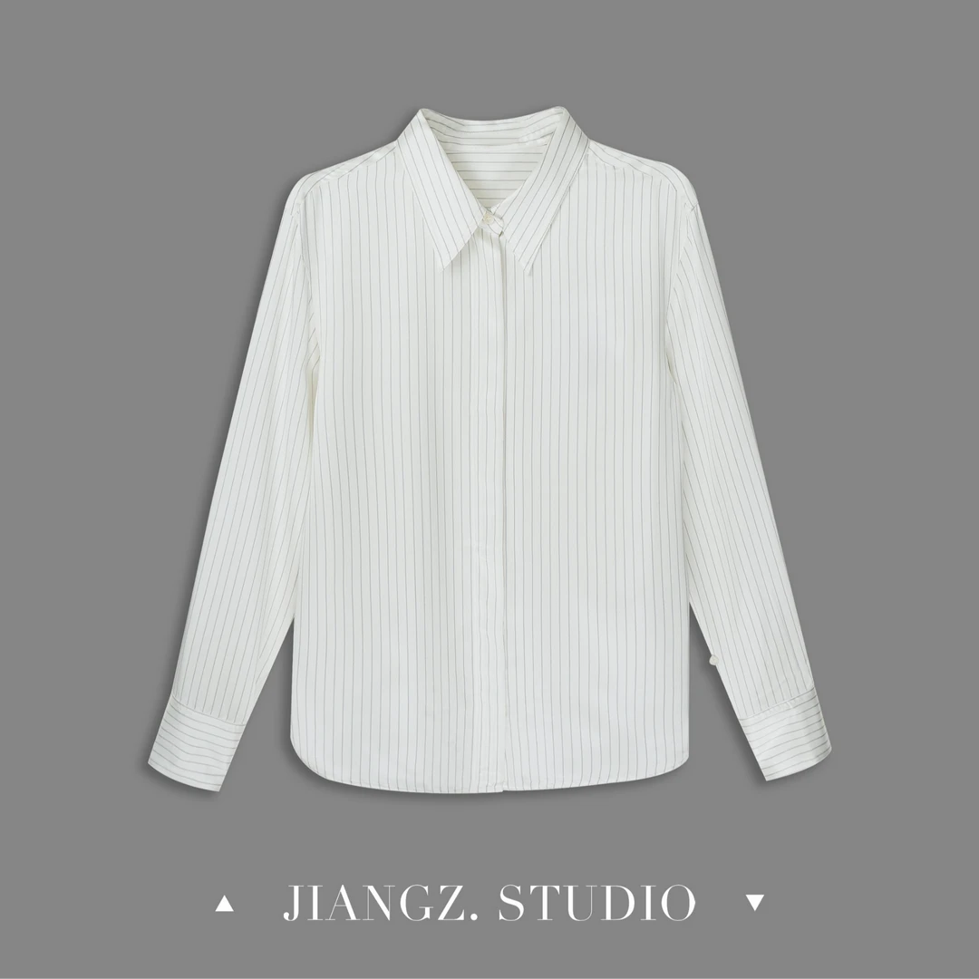 panii【微光】春夏淡珠光条纹长袖翻领衬衫垂感柔软气质百搭上衣