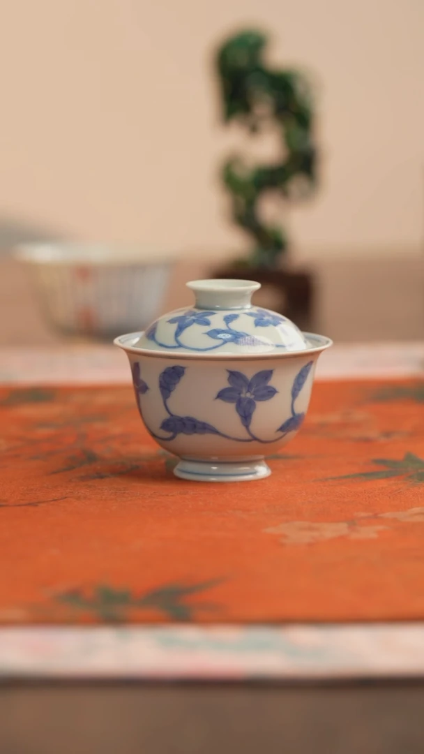 源明清忆栀子花盖碗