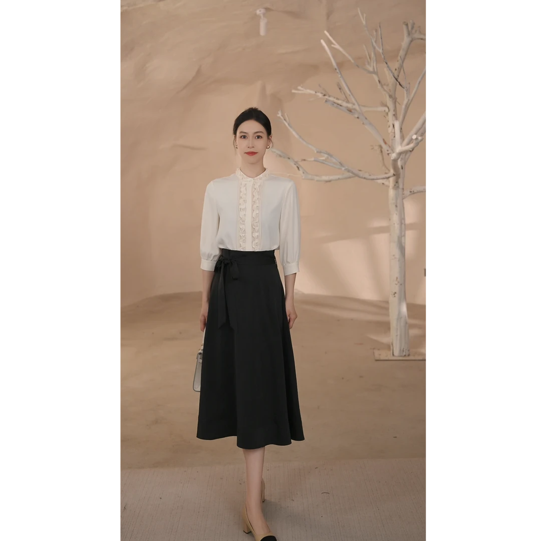 艾尚法式时尚套装女装中式衬衫伞群款显瘦气质轻熟风通勤小众黑色