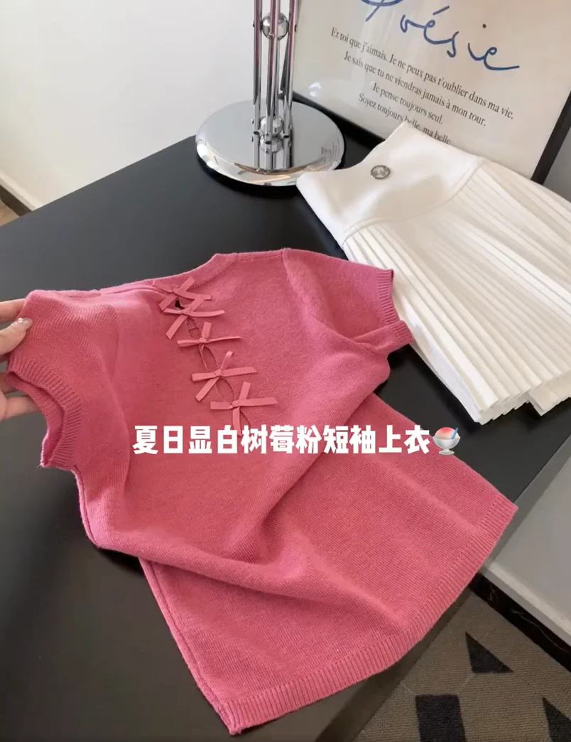 2025夏季新款韩系显白蝴蝶结短袖t恤女设计感甜辣修身正肩上衣