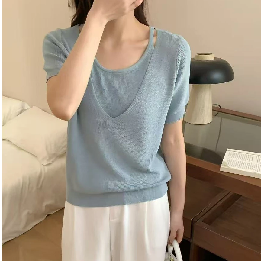 新款韩版小清新柔美糖果色假两件短袖女针织衫洋气独特气质上衣