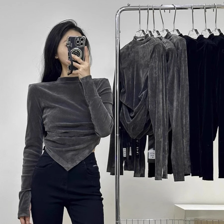春季新款气质垫肩长袖丝绒打底衫T恤韩版时尚不规则修身短款上衣
