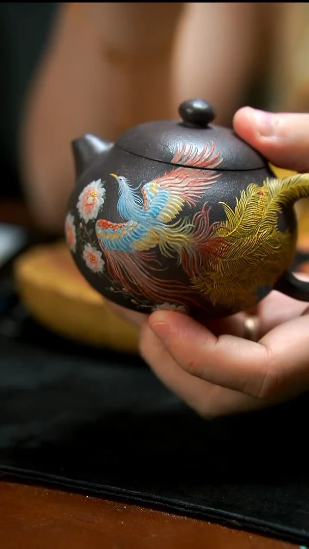 茶壶紫砂天青五彩凤凰文旦壶