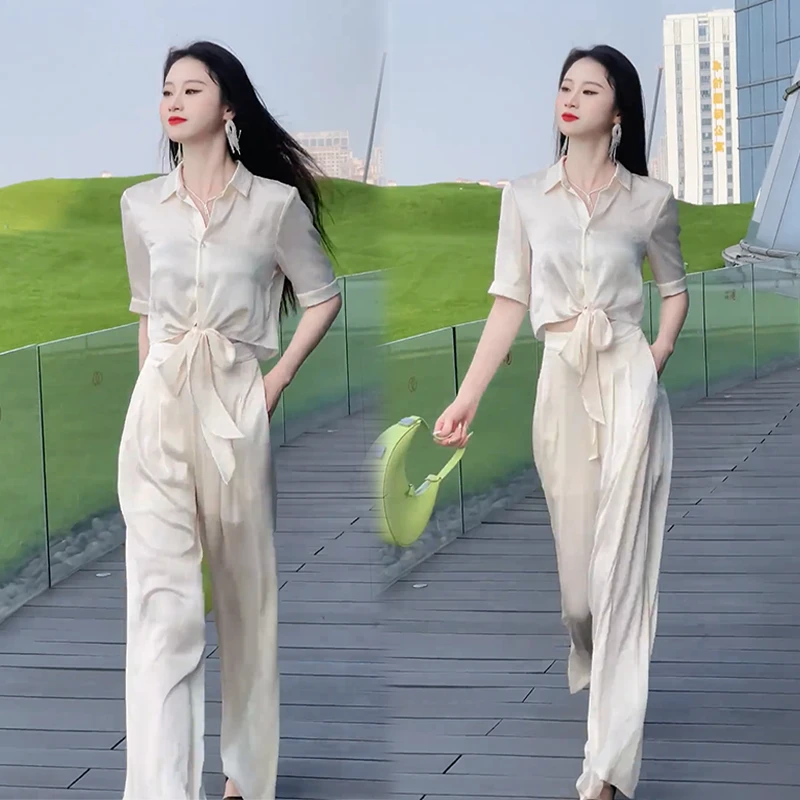 欧货时尚法式穿搭一整套2025夏日新款高级感系带短袖上衣阔腿裤女