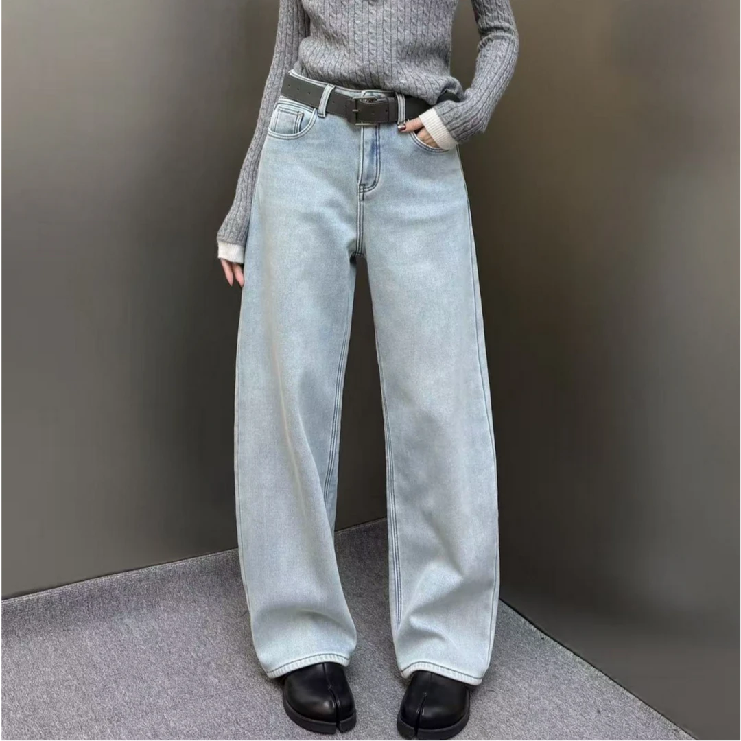 【裤博汇】79660水晶浅蓝复合密密绒冬款质感高腰弯刀裤牛仔裤