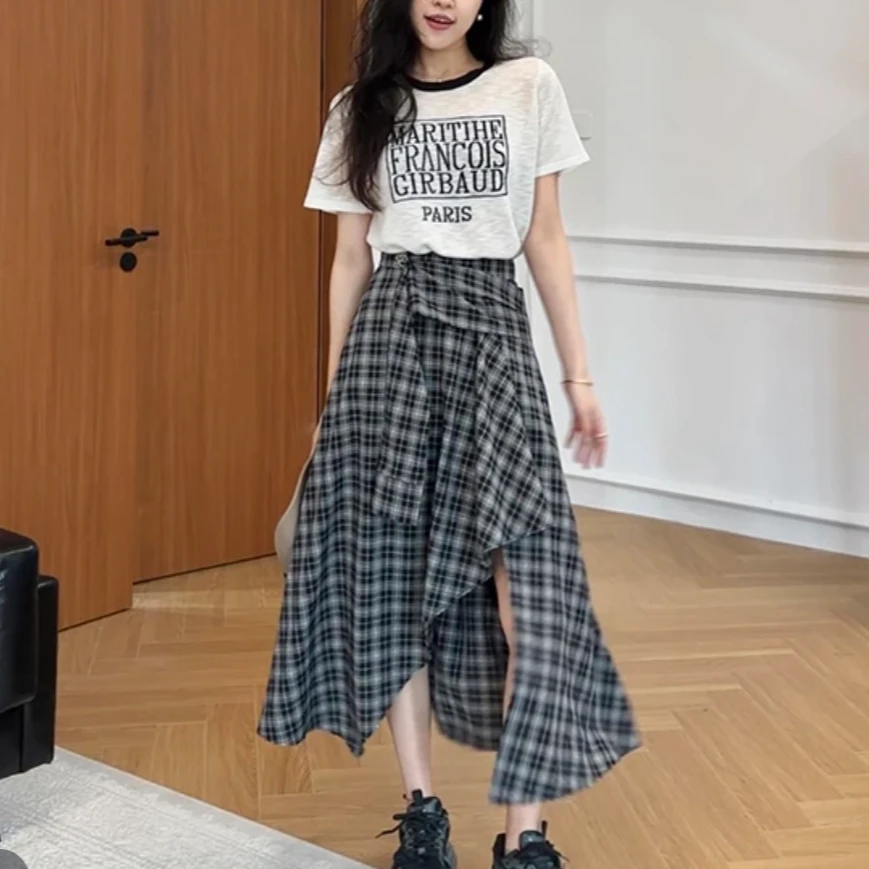 【曼谷热浪】薄款竹节麻针织短袖+显瘦假两件裙裤