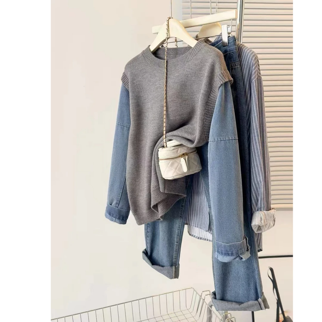 秋季新款纯色牛仔袖拼接洋气时尚休闲圆领针织套头毛衣女8792