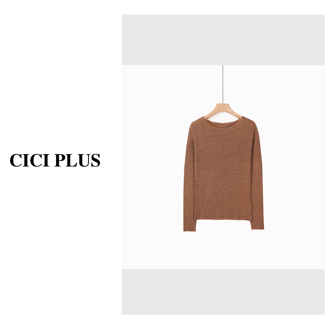 【CICI PLUS】【精纺羊毛】2025早秋无缝一体水波纹圆领T恤25C6329