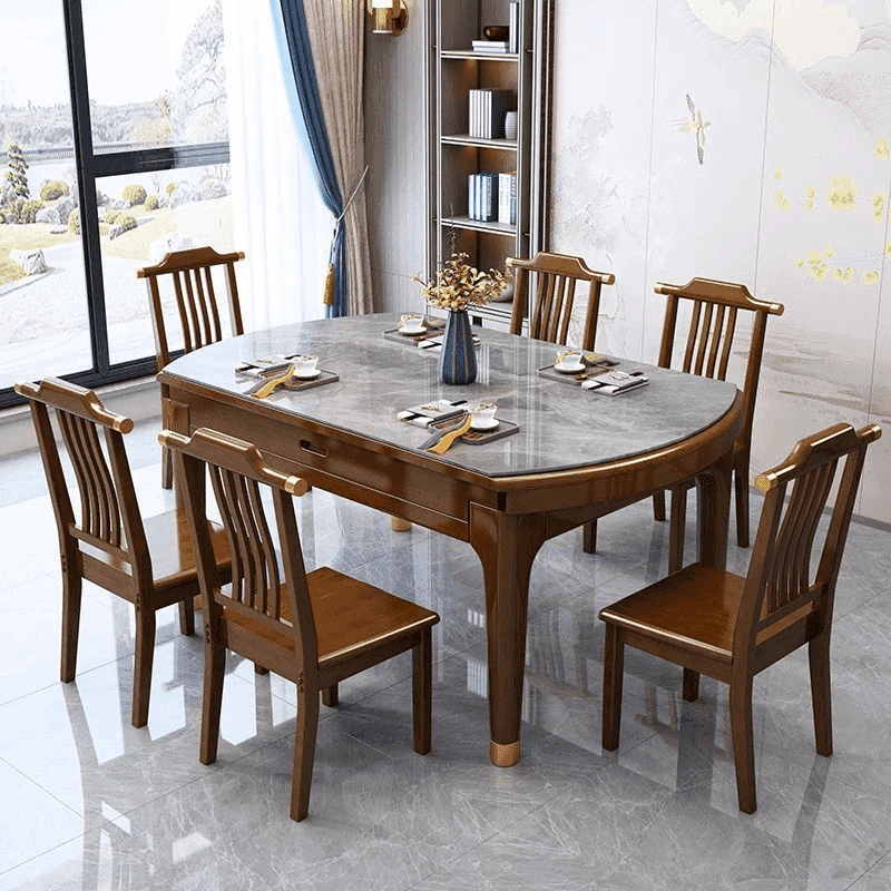 新中式实木岩板餐桌折叠伸缩多功能方圆两用可伸缩客厅餐桌椅组合