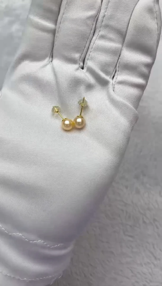 银S925镶嵌海水珍珠耳钉AK羽皇金素钉6.5-7mm