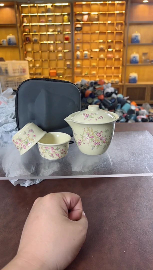 瓷片鸣盏居11111紫藤花手抓壶旅行茶具