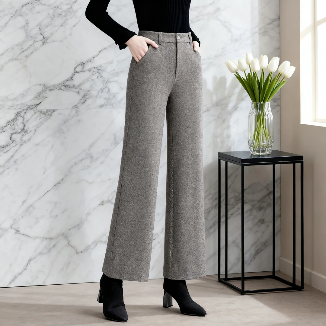 小个子加厚毛呢阔腿裤女2025秋冬新款人字纹高腰宽松直筒休闲裤子