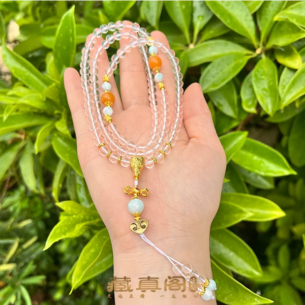 【藏真阁】H1952天然珠宝琥珀蜜蜡设计款白水晶108佛珠项链