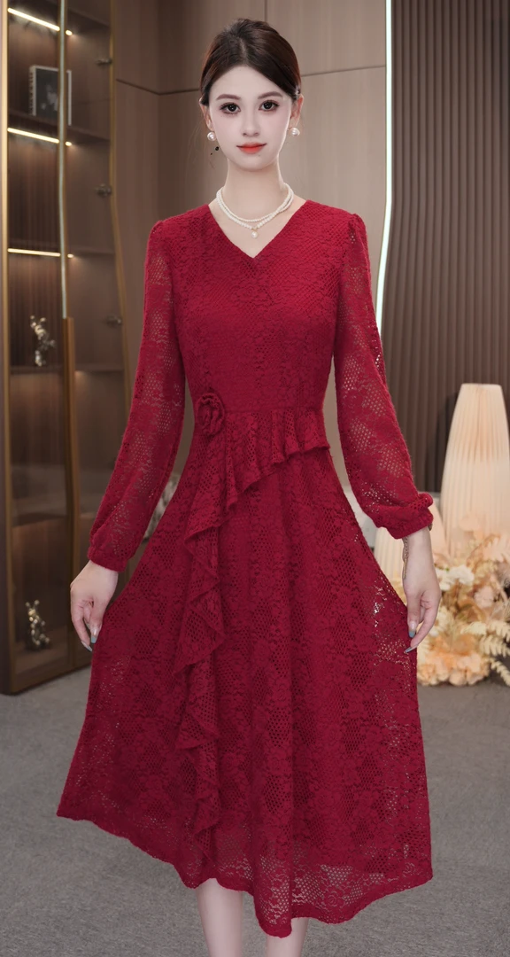 【星禾女装】秋季新款收腰显瘦连衣裙喜婆婆喜妈妈红色婚宴礼服长裙