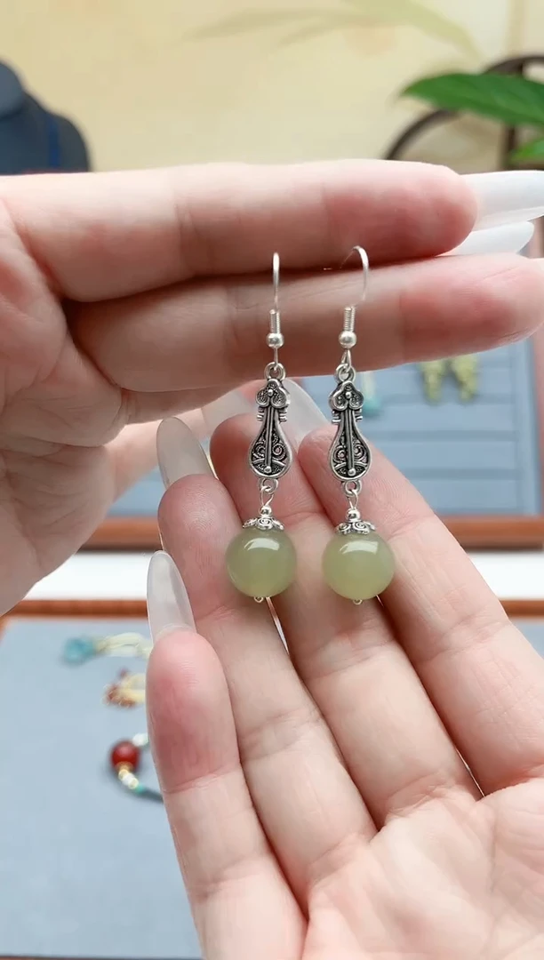 东陵石银S925镶嵌耳饰6233