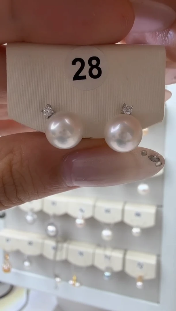 银S925镶嵌耳饰淡水珍珠8=9mm戴妃耳钉