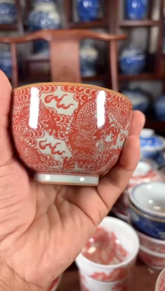 柴窑老陶泥釉里红九龙杯杯