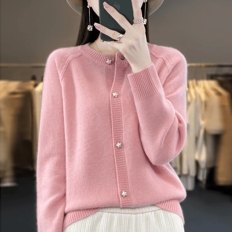 2025秋冬新款100%羊毛厚开衫女圆领针织外套宽松显瘦 DMR-128